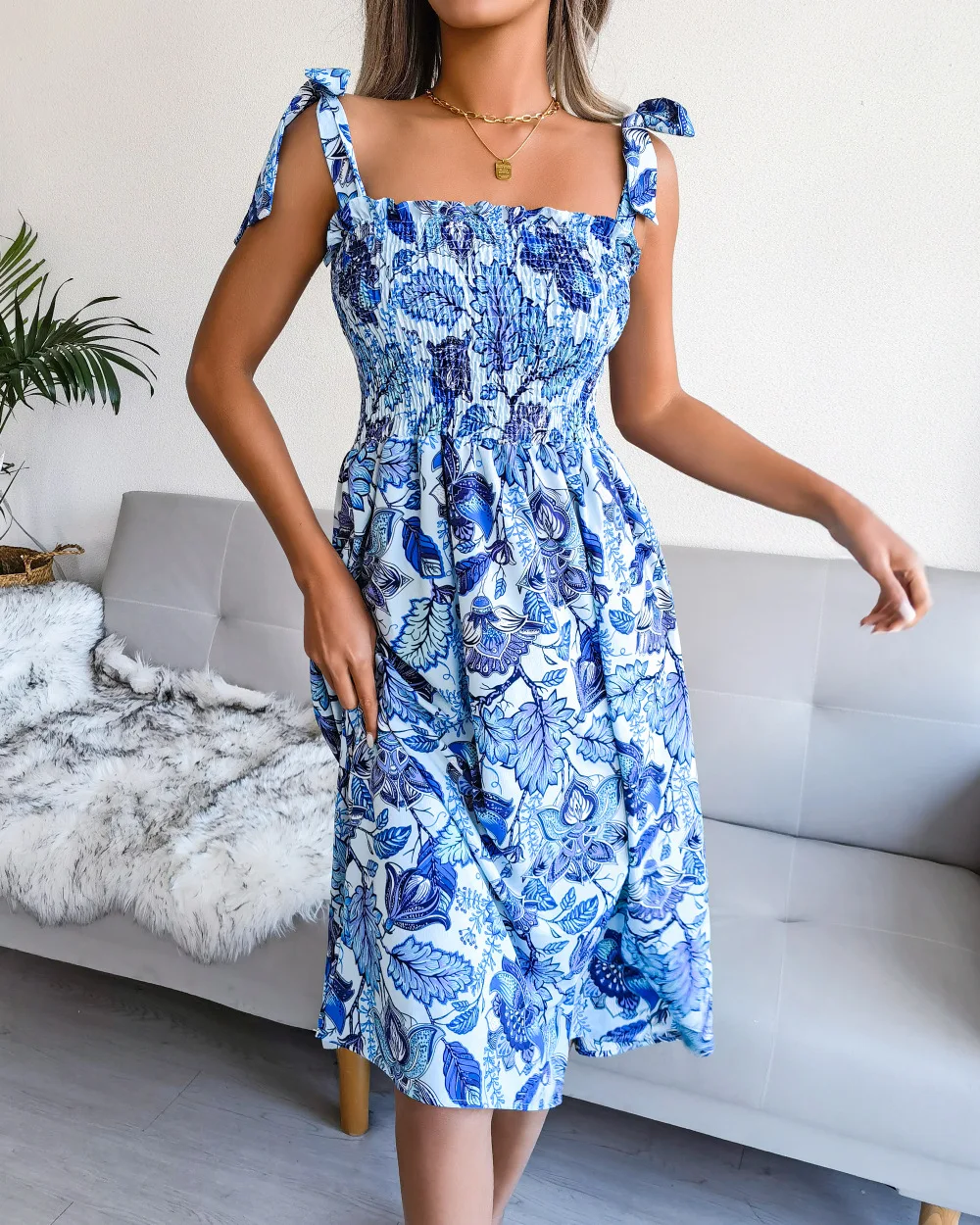 Women Summer Flower Print A-Line Dress Shrinkage Design Bandage Decor Sling Sleevelss Square Collar Slim Dress Beach vestidos