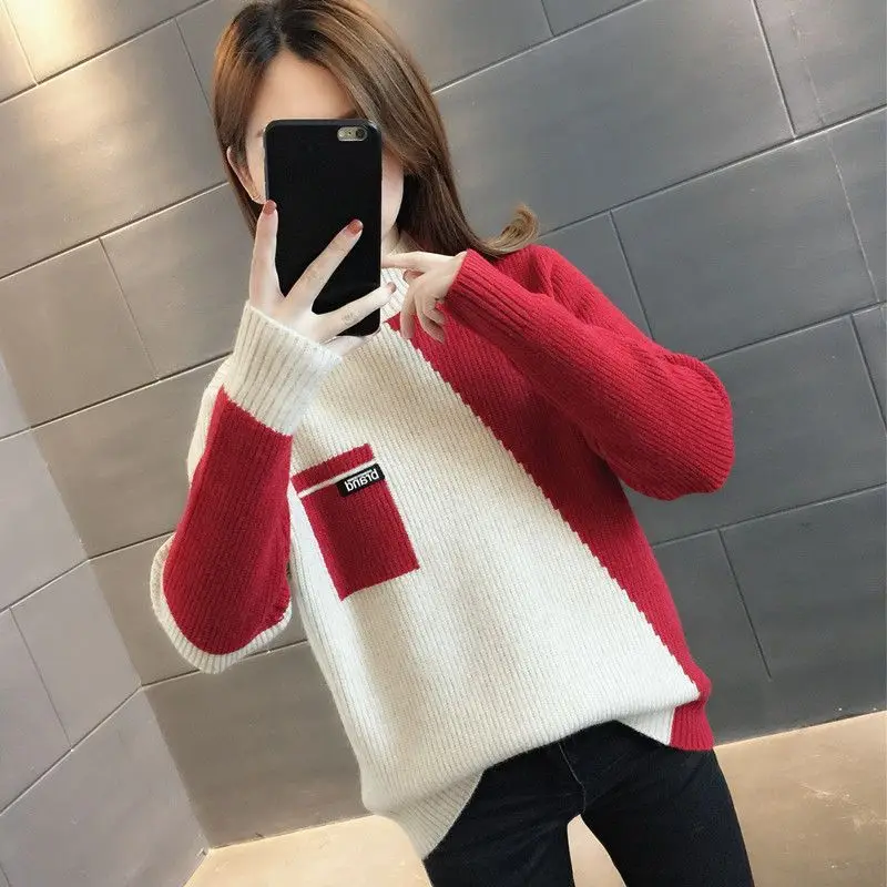 Women Mock Neck Sweaters Color Blocking Pullover 2022 New Autumn Winter Knitting Personality All-match Casual Lady Top 2022