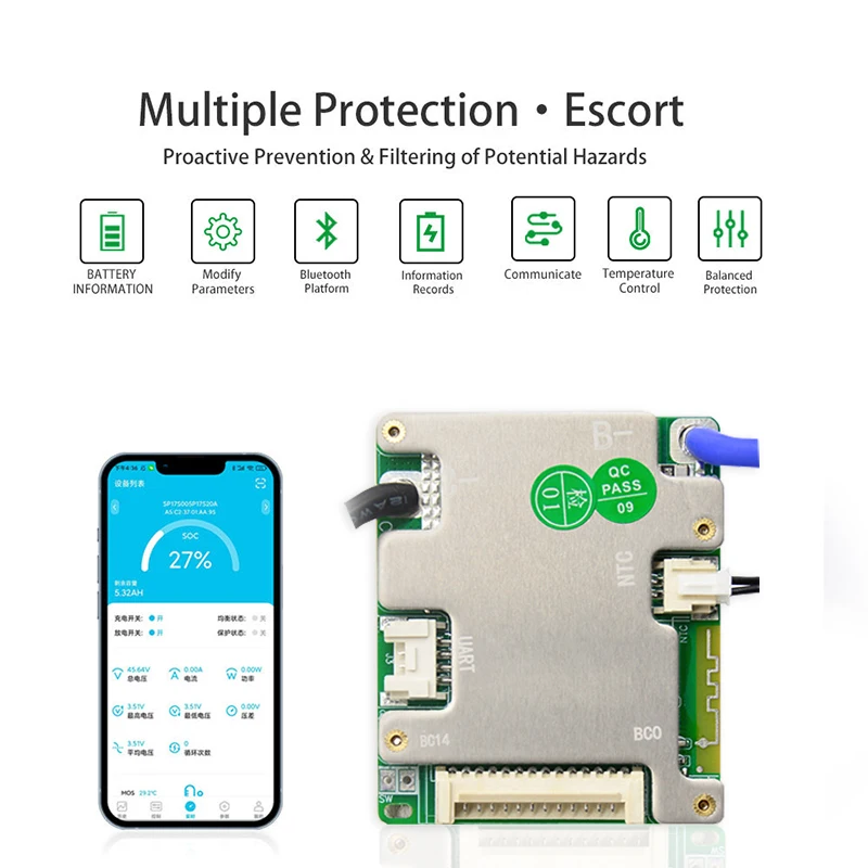 JBD Smart BMS 24V 36V 48V 20A 30A 40A 50A 7S 8S 9S 10S 11S 12S 13S 14S Built-in BT UART Li-ion LFP BMS Balance Board For E-Bike