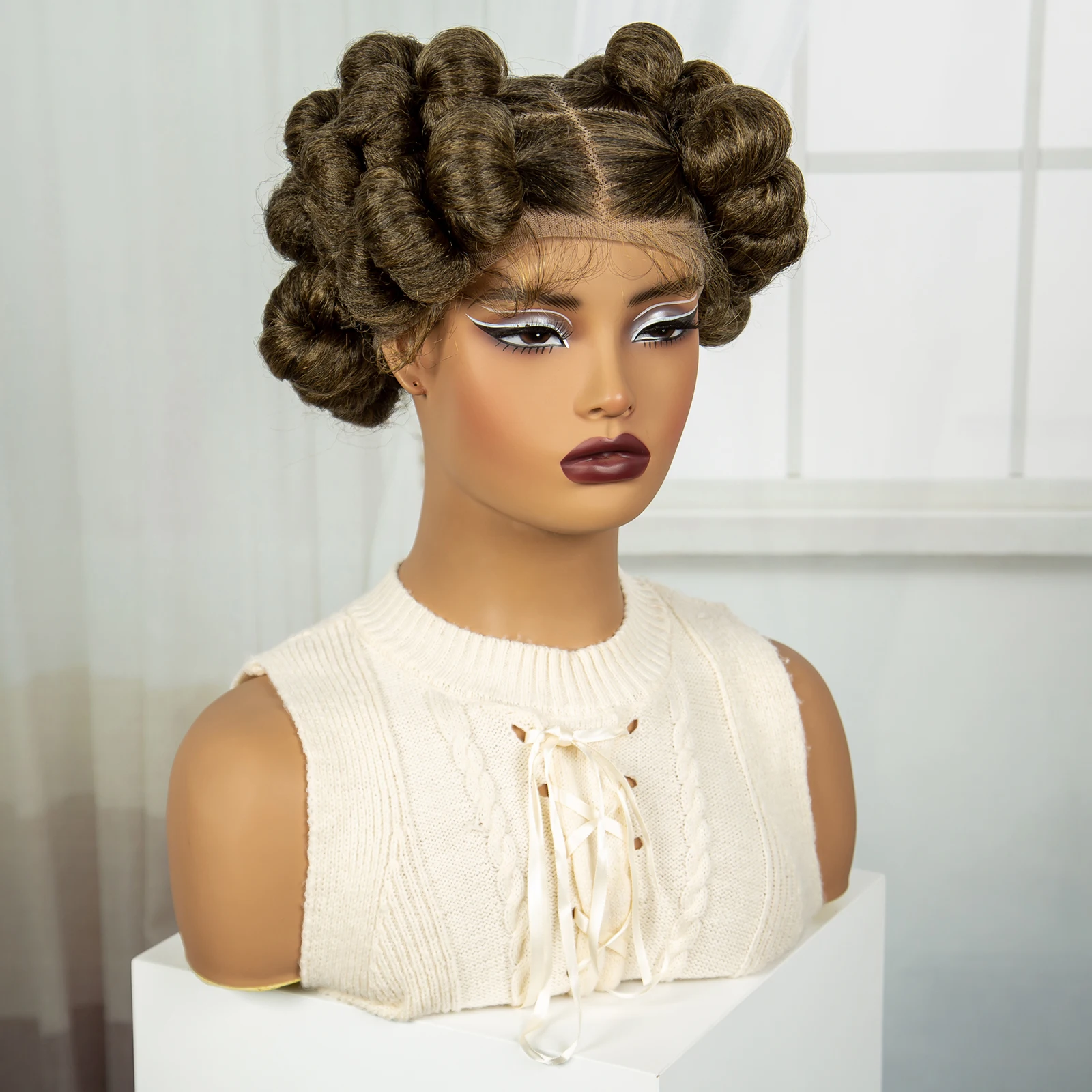 Bantu Braided Wigs Synthetic Transparent Full Lace Braided Lace Wigs Ginger Orange Color Short Cute Handmade Knotless Braids Wig