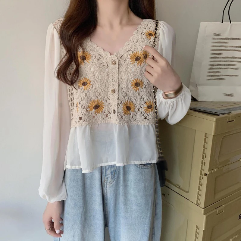 Puff Sleeve T-shirt Sweet Flower Embroidery Loose Fit Lazy Style Women\'s Top Sun Protection Breathable Comfort Leisure All-Match