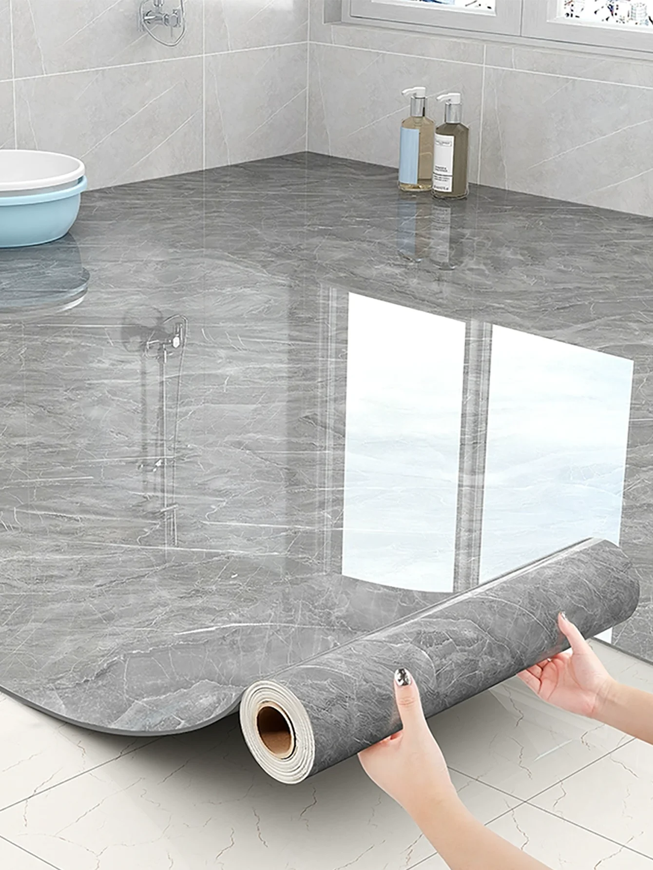 Imitation Marble Floor Tile Simple Self-Adhesive Wallpaper, DIY Peel and Stick, Waterproof, Non-Slip and Wear-Resistant Decorati
