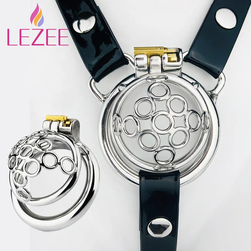 

LEZEE Metal Male Cock Cage Chastity Lock Devices With Urethral Catheter PU Belt Wearable Penis Rings BDSM Sex Toys For Men