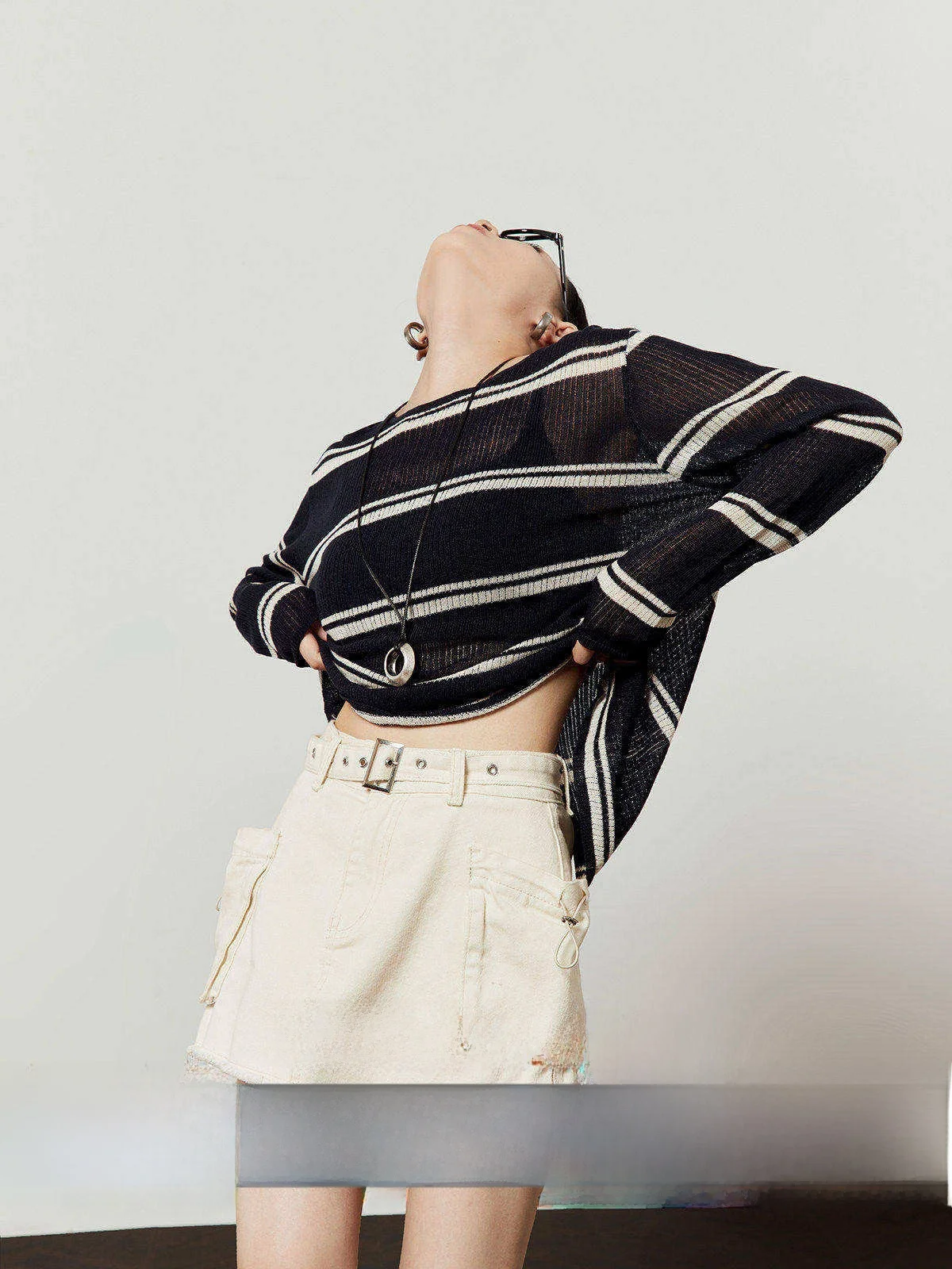 

Blue Striped Knitted Top Women's Summer New round Ne Hollow out Thin ort Sve Knitwear Casual Sle Commute Sle Loose...