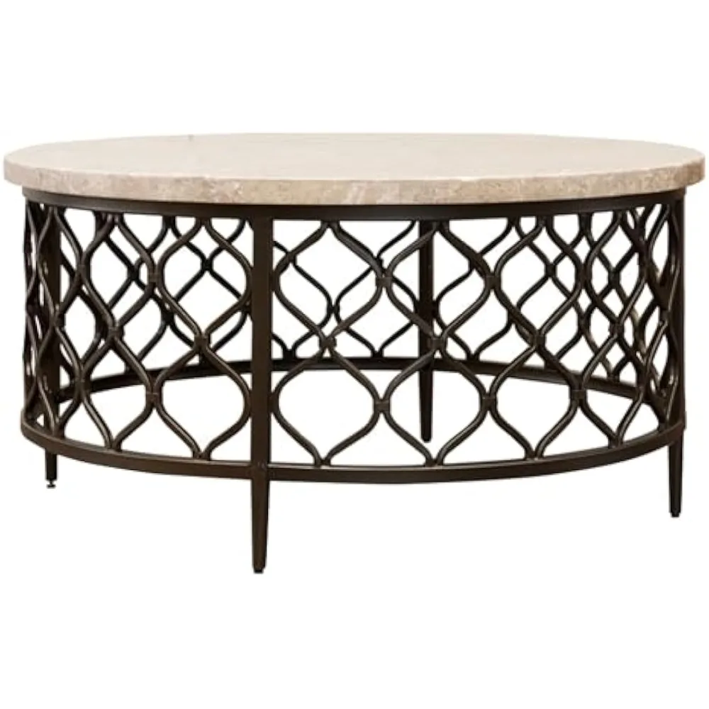 가구 롤랜드 라운드 대리석 커피 테이블, 36인치 라운드 커피 테이블, 청동 금속 베이스, 현대적인 디자인, 거실 Ro