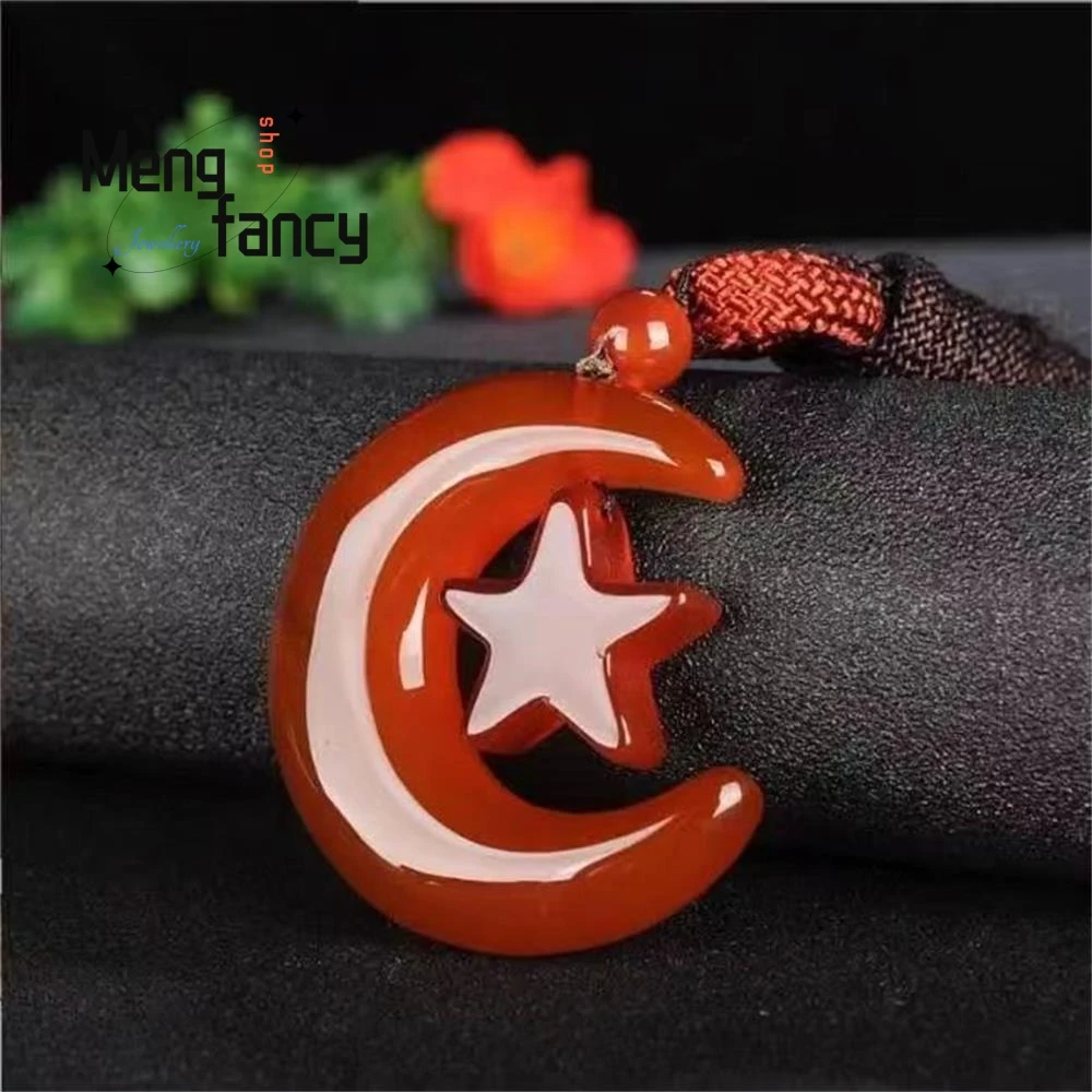 Natural Ice White Chalcedony Red Agate Star Moon Pendant Exquisite Elegant Simple High-grade Couple Fashion Jewelry Holiday Gift