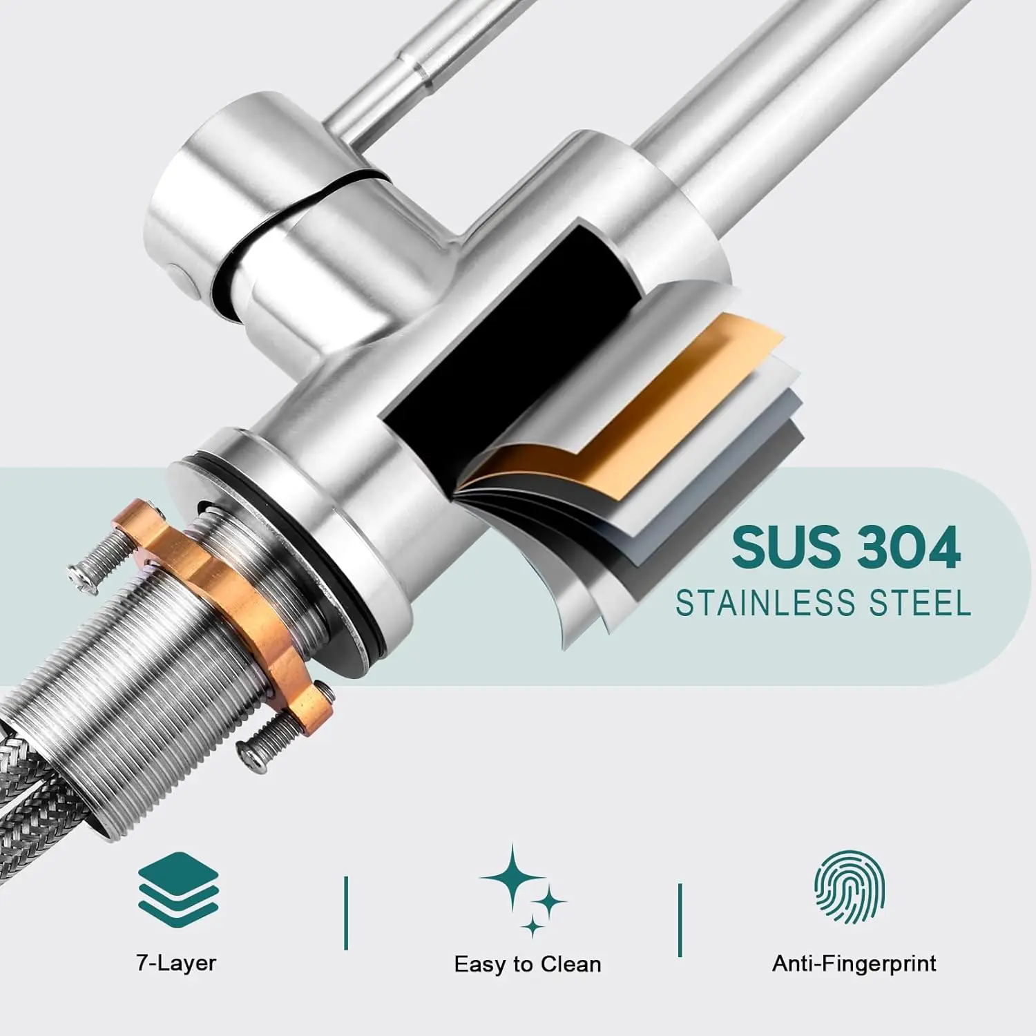 Edelstahl Küchenarmatur 360° ° Schwenkbarer Mischhahn aus gebürstetem Nickel mit Einzelgriff – Detail 6