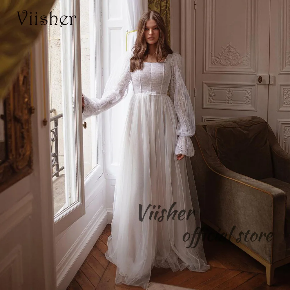 

Viisher White A Line Wedding Dresses Lace Tulle Long Sleeve Vintage Bride Dress Bow Ribbons Elegant Bridal Gowns Custom Made