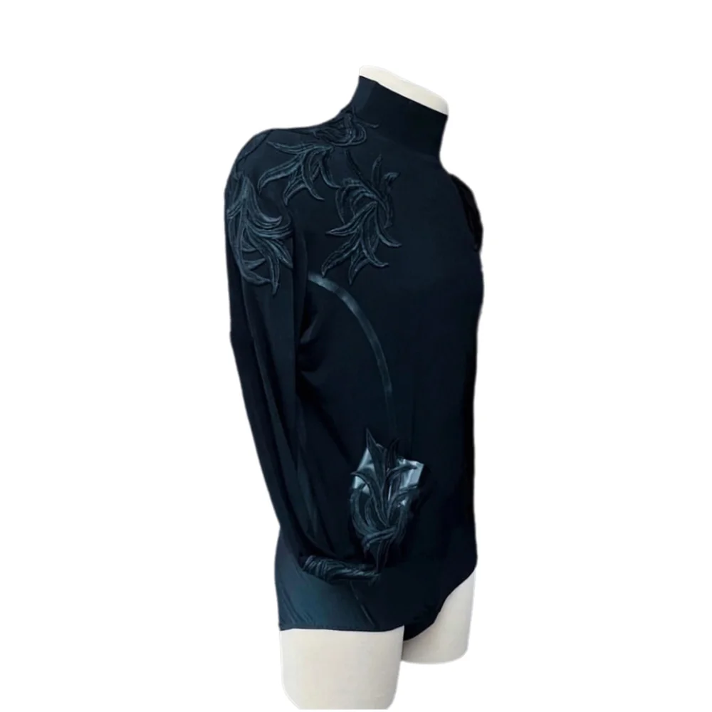 Heren Latin danskostuum met hoge hals, top voor volwassenen, professioneel ballroomdansvoorstellingskostuum, kunstexamen