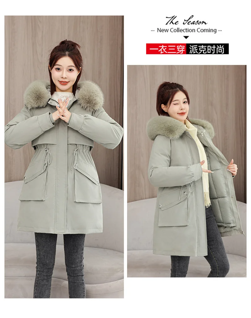 2026 New Winter Coat Down Padded Jacket Women Parkas Fur Collar Thick Hooded Cotton Coats Black Casual Outerwear Female Clothes