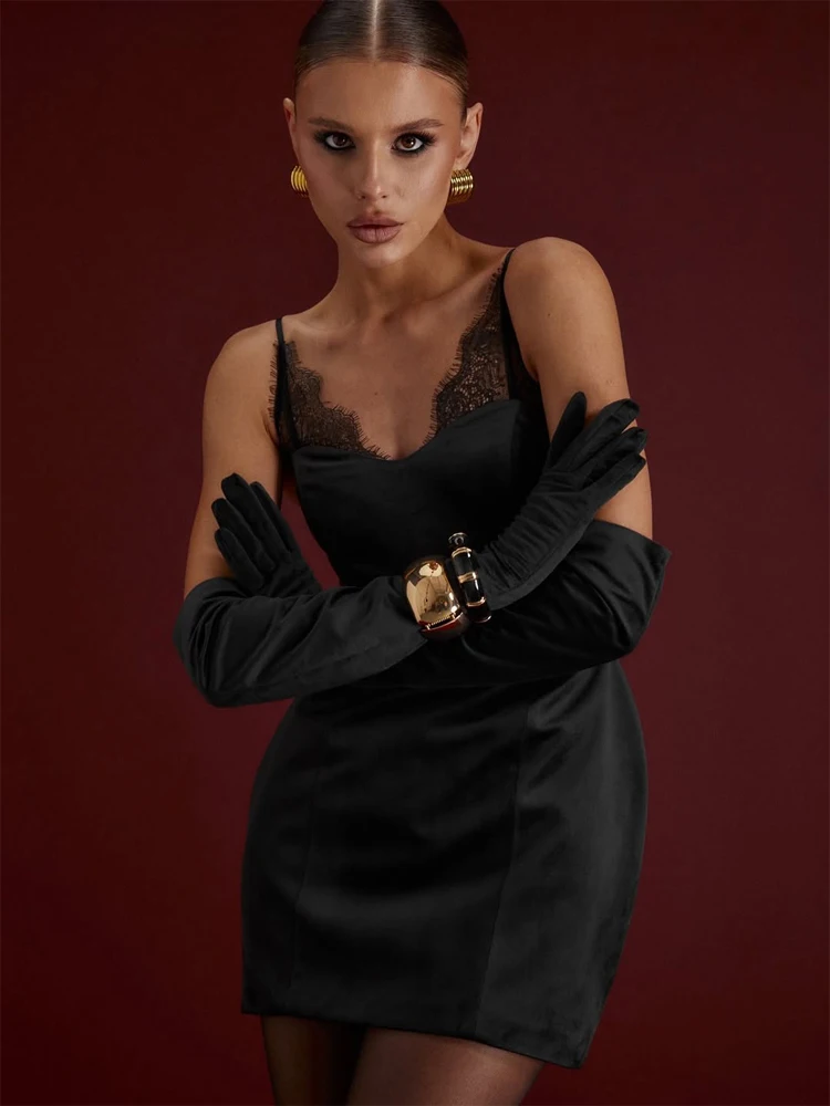 Vestido negro elegante de encaje con tirantes para mujer, minivestido de satén sin mangas con hombros descubiertos y espalda descubierta, vestidos de fiesta de noche para mujer 2026