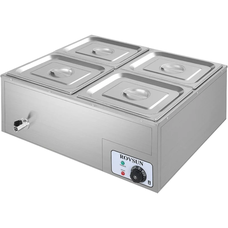 ROVSUN 42.3QT 1200W Electric Commercial Food Warmer, 4-Pan Steam Table 10.6 QT/Pan Stainless Steel Bain Marie Buffet Countertop