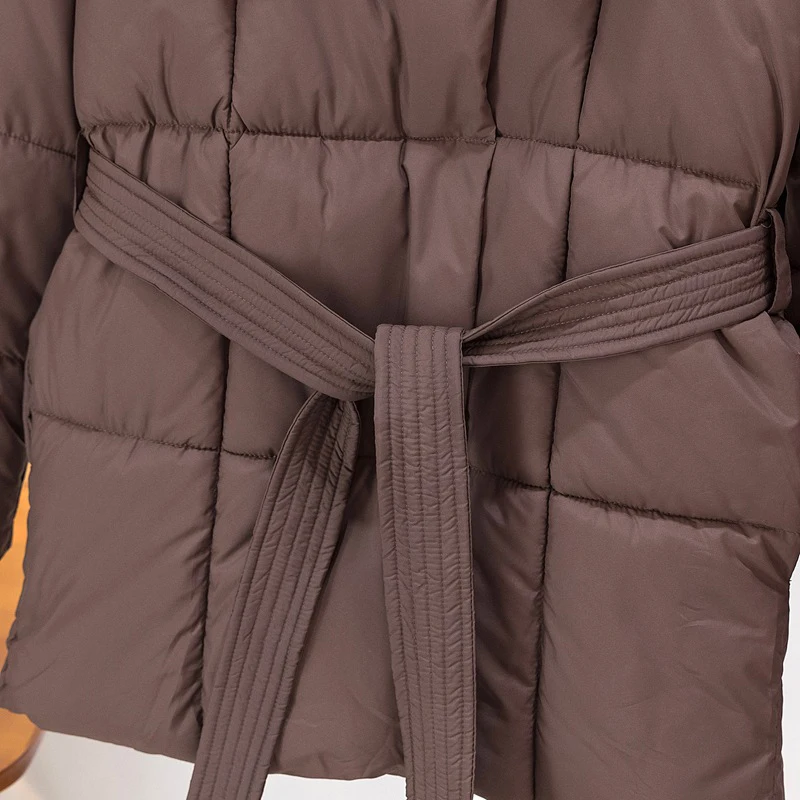 Veste d\'hiver avec ceinture pour femme, parkas monochromes, vêtements de neige épais et chauds, vêtements d\'extérieur rembourrés en coton, manteau