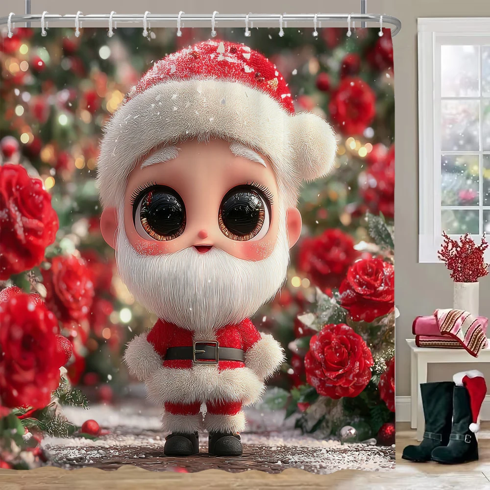 

Merry Christmas Shower Curtain, Bathroom Decorative Snowman and Santa Claus Christmas Shower Curtain，with Hooks