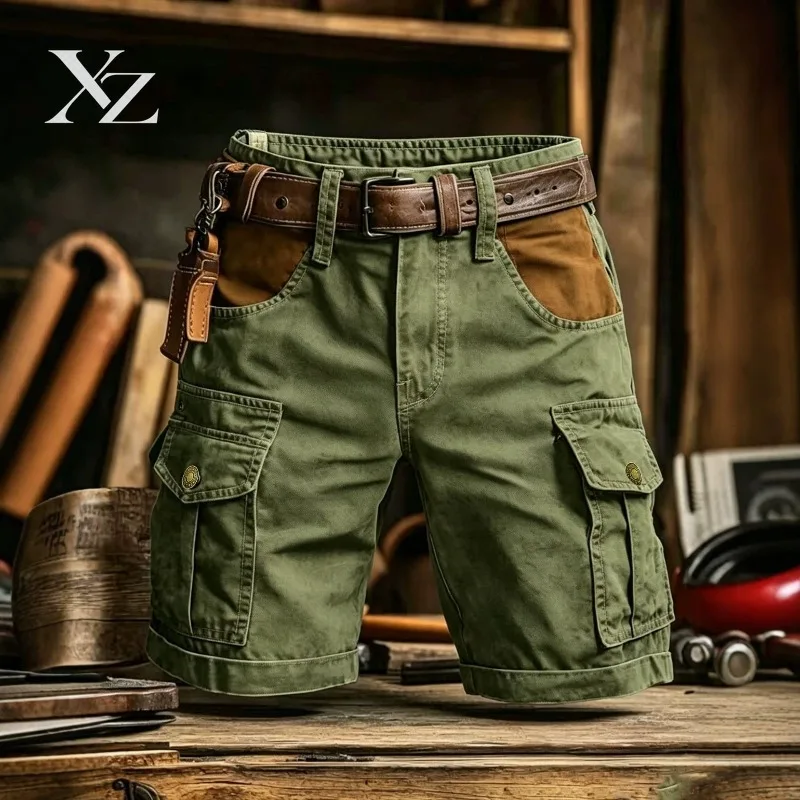 Premium Vintage Washed Cargo Shorts for Men – Contrast Leather Patch Multi Flap Pocket Work Shorts, Durable Outdoor Walking