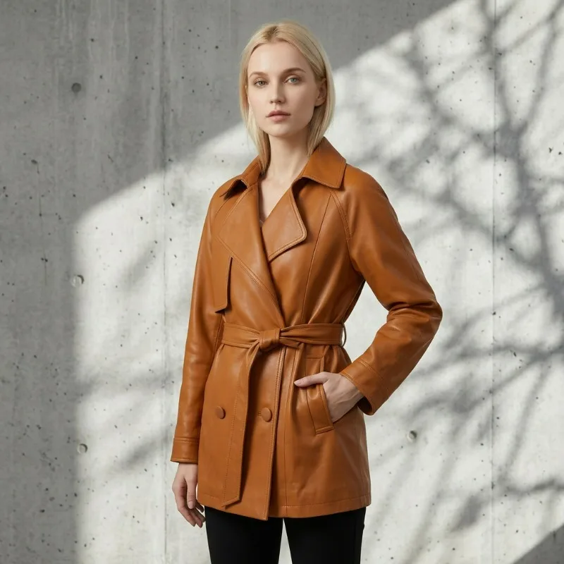New Autumn Fashion Stylish and Elegant Leather Windbreaker Jacket Cinches Waist and Accentuates The Figure Casual Leather Jacket