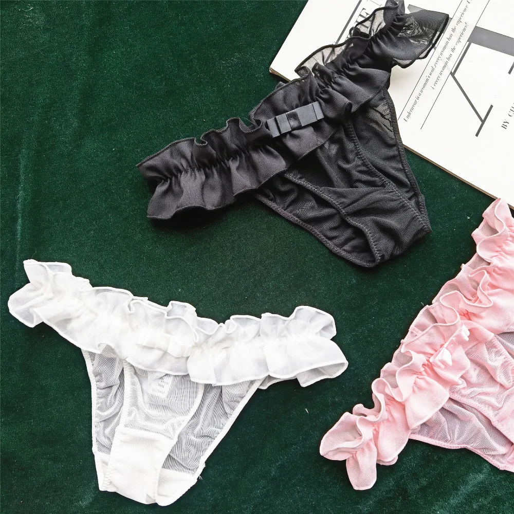 Japanese New Lolita Style Full Lace Underwear Women's Low Rise Sexy Women's G-string Pants Chiffon Pleats Thong  Panties Women