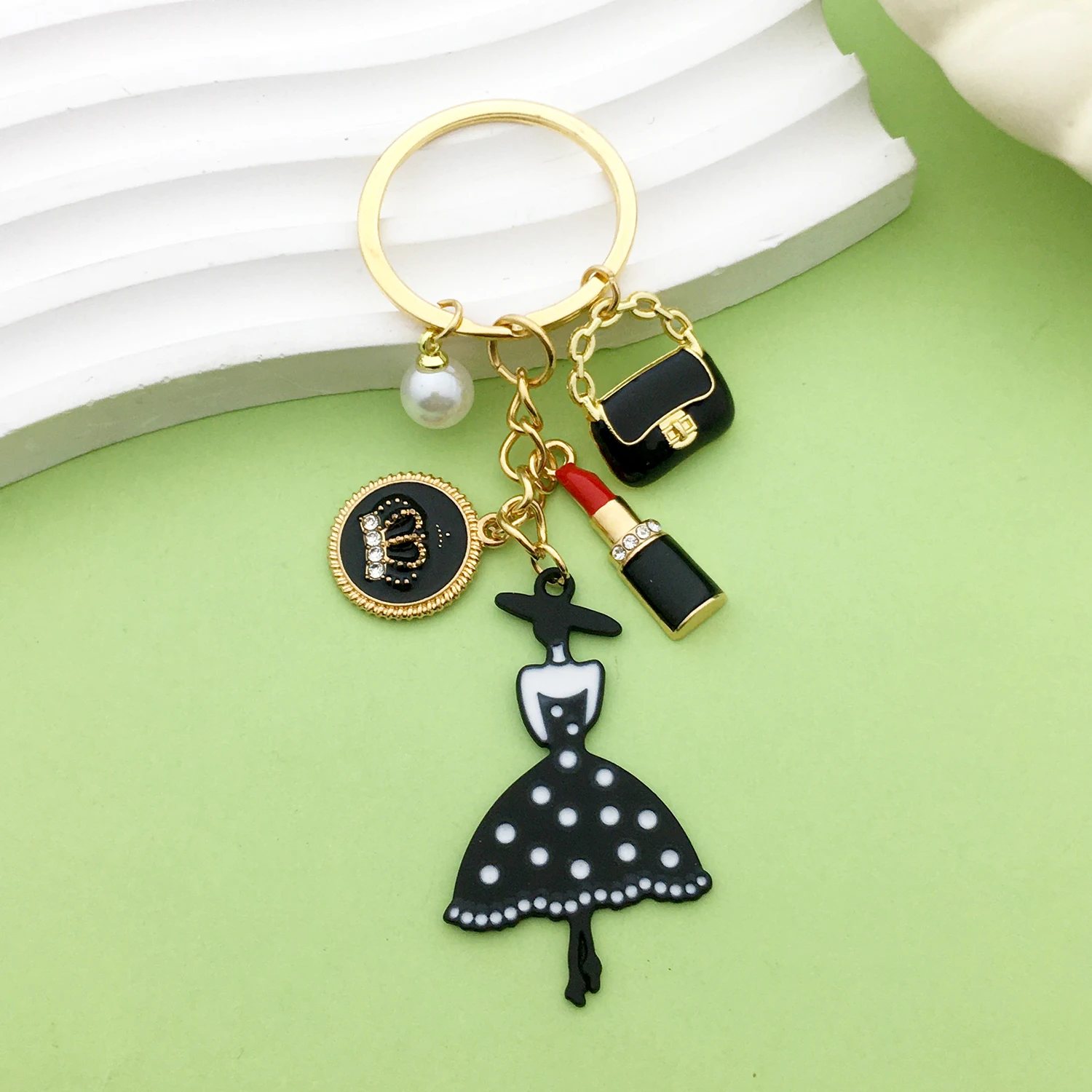 سلسلة مفاتيح معدنية عصرية من المينا للنساء ، حقيبة صغيرة ، أحمر شفاه ، خاتم مفتاح تاج ، هدية مجوهرات للفتيات ، 1 ≥ #1