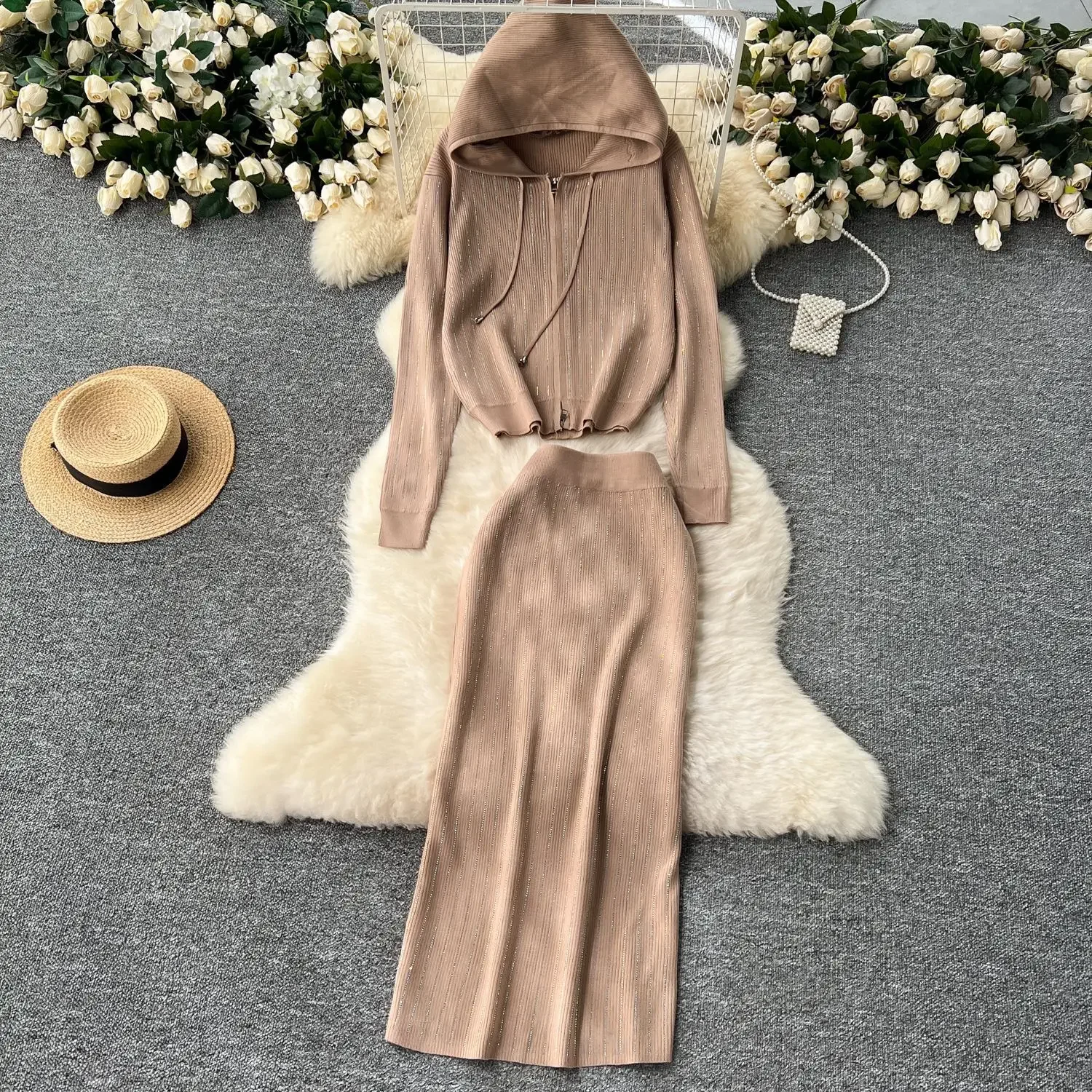 

Autumn and Winter Casual Suit Women's Fashion Hot Diamond Hooded Zipper Cardigan Sweater Jacket Knitted Hip Skirt