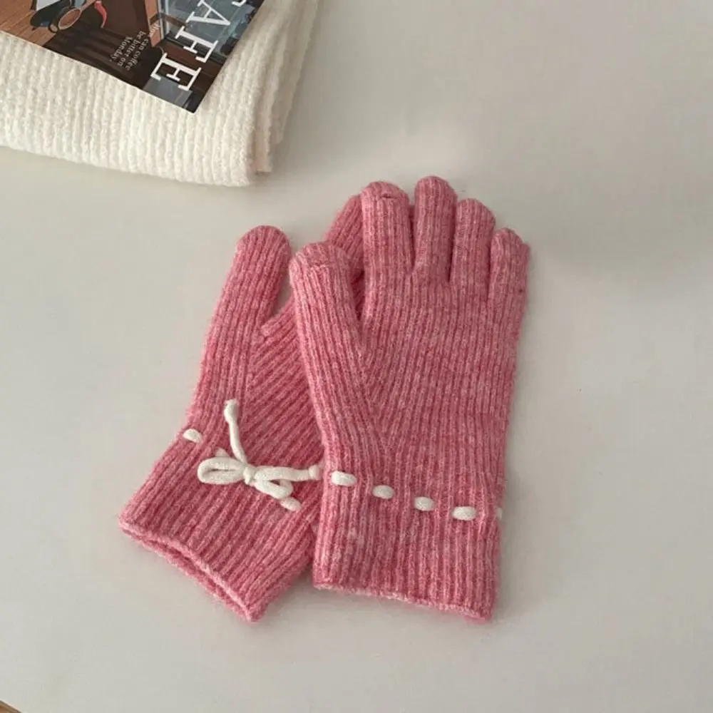 Gorro con cordón y lazo de estilo coreano de dibujos animados, bufanda con lazo de lana cálida y bonita, guantes de invierno suaves y gruesos para esquí