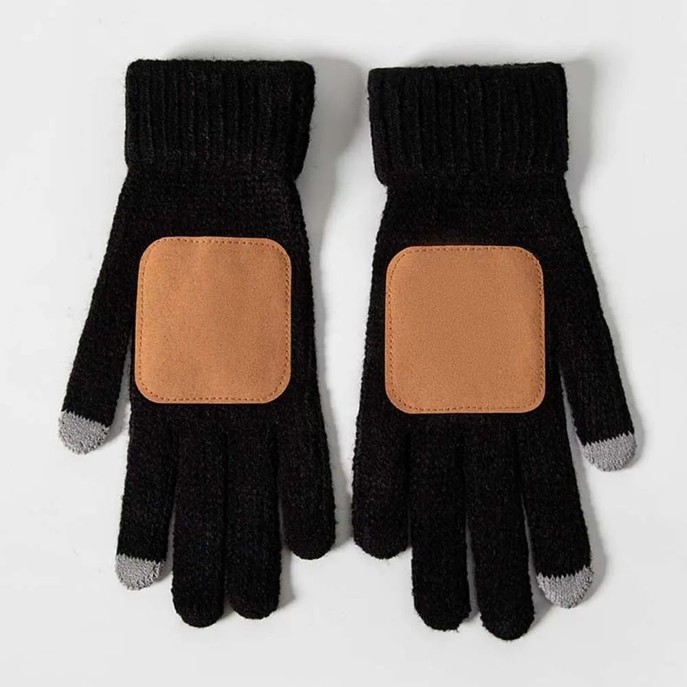 Leather Patch Touchscreen Gloves Knitted Wool Solid Color Winter Knit Mittens High Quality Soft Texture Woolen Warm Gloves