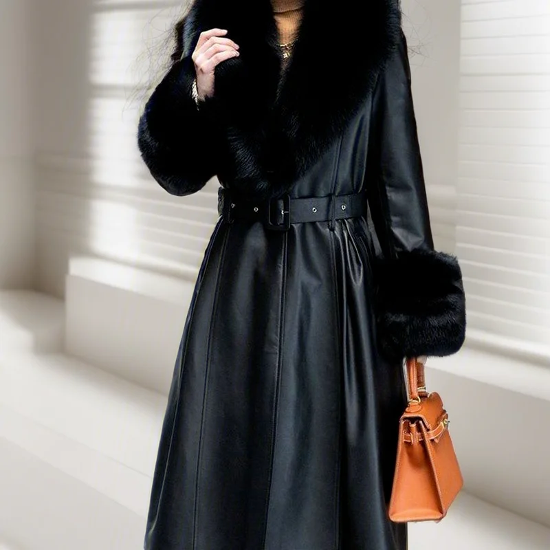 Winter Fashion Imitation Fox Fur Collar Thickened Washed Leather Coat Women High-End Slimming Faux Fur Coat Jacket Women