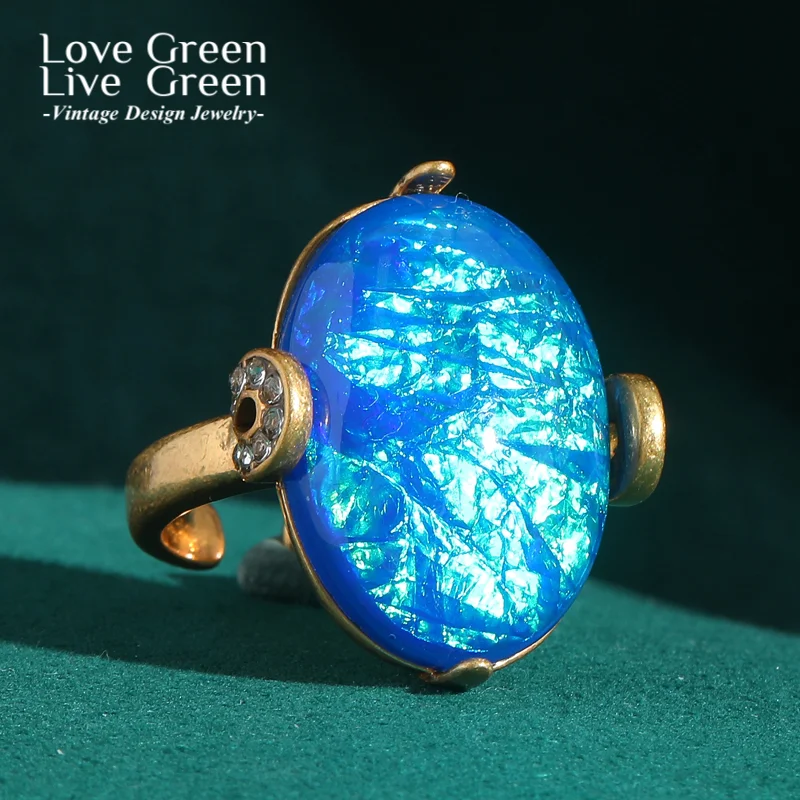 

Vintage Sea Blue Opal Ring 18k Gold Color Adjustable Luxury Quality Jewelry Designer Women Statement Natural Stone Antique 2025