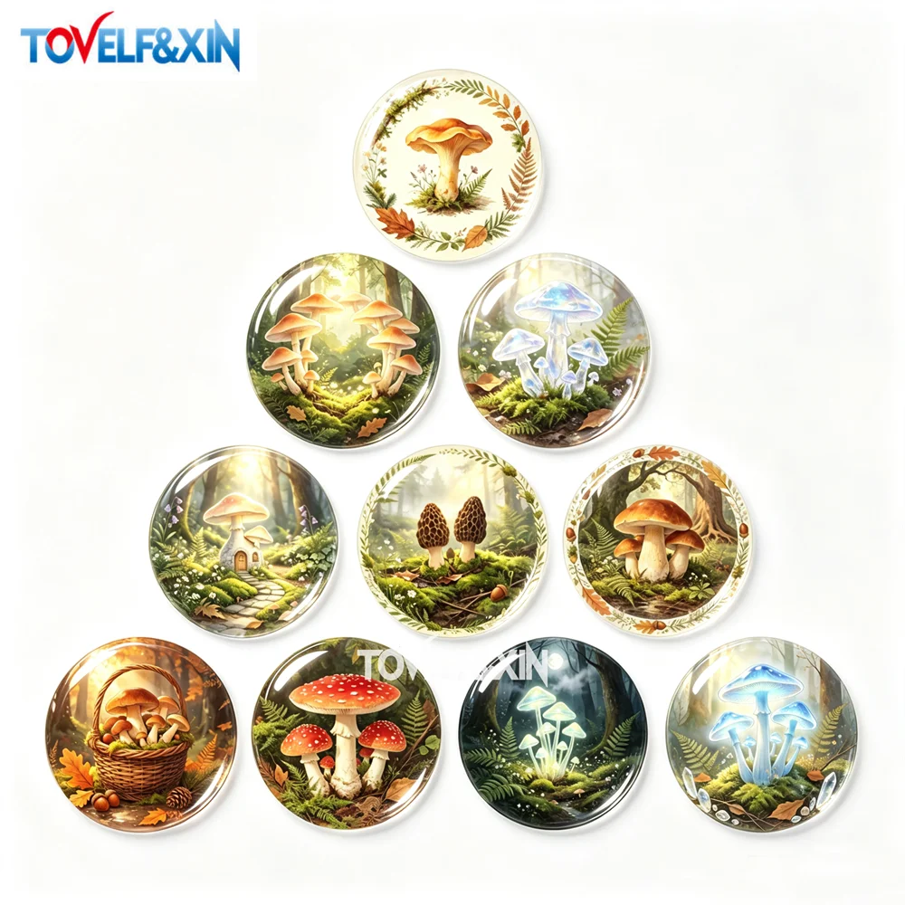 Vintage Mushroom Glass Cabochons Flatback Botanical Watercolor Glass Dome Printed Tiles for DIY Jewelry Making Craft Supplies