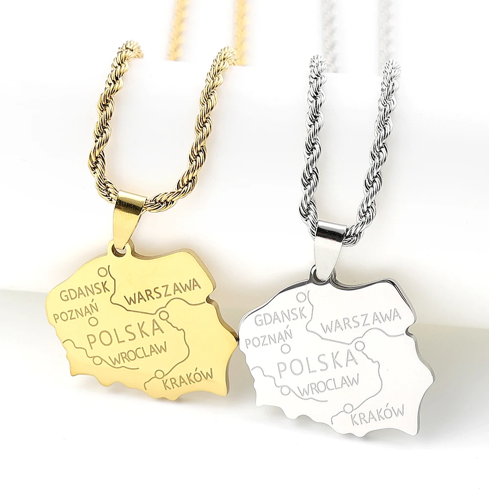 Map of Poland Polish Cities Pendants Necklaces for Women Men Stainless Steel Gold Silver Color Country Geography Chain Jewelry