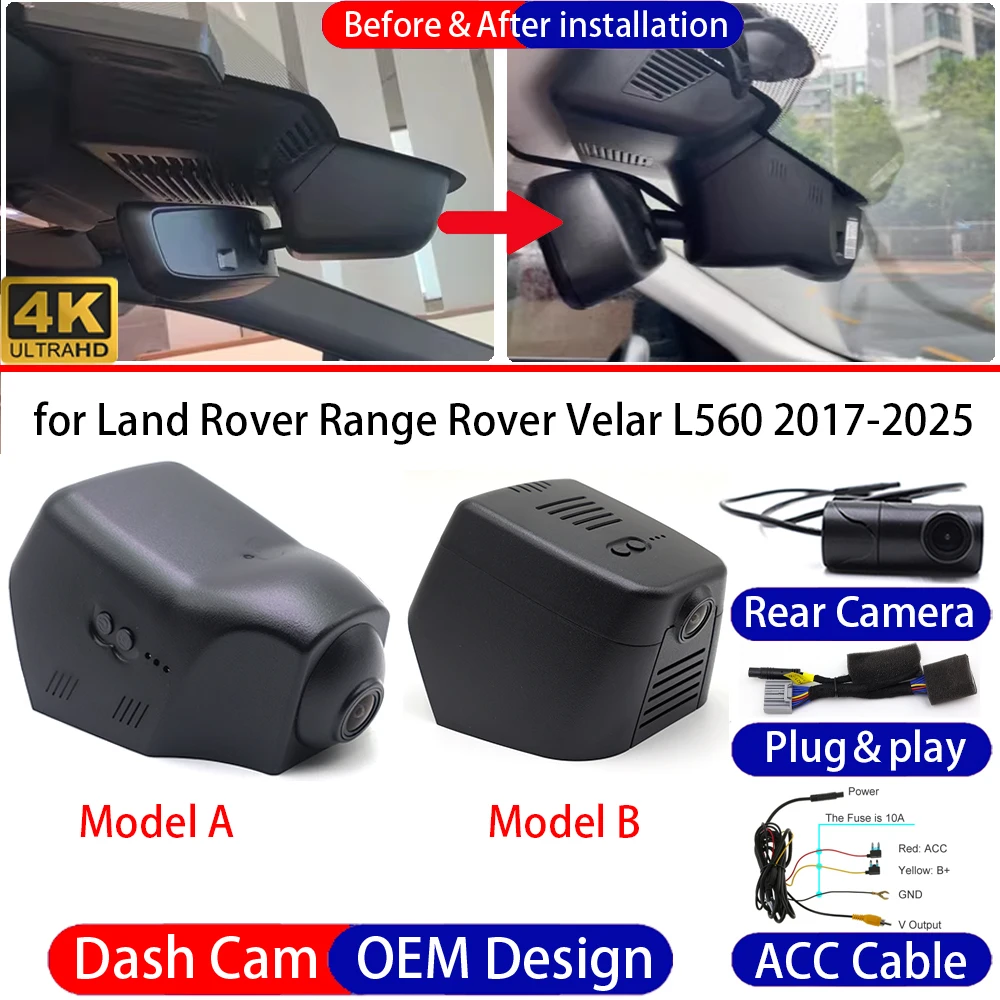 Cámara para Auto para Land Rover Range Rover Velar L560 2017-2025, Delantera y Trasera, 4K, DVR, Grabadora de Conducción, Cámara para Tablero, Visión Nocturna