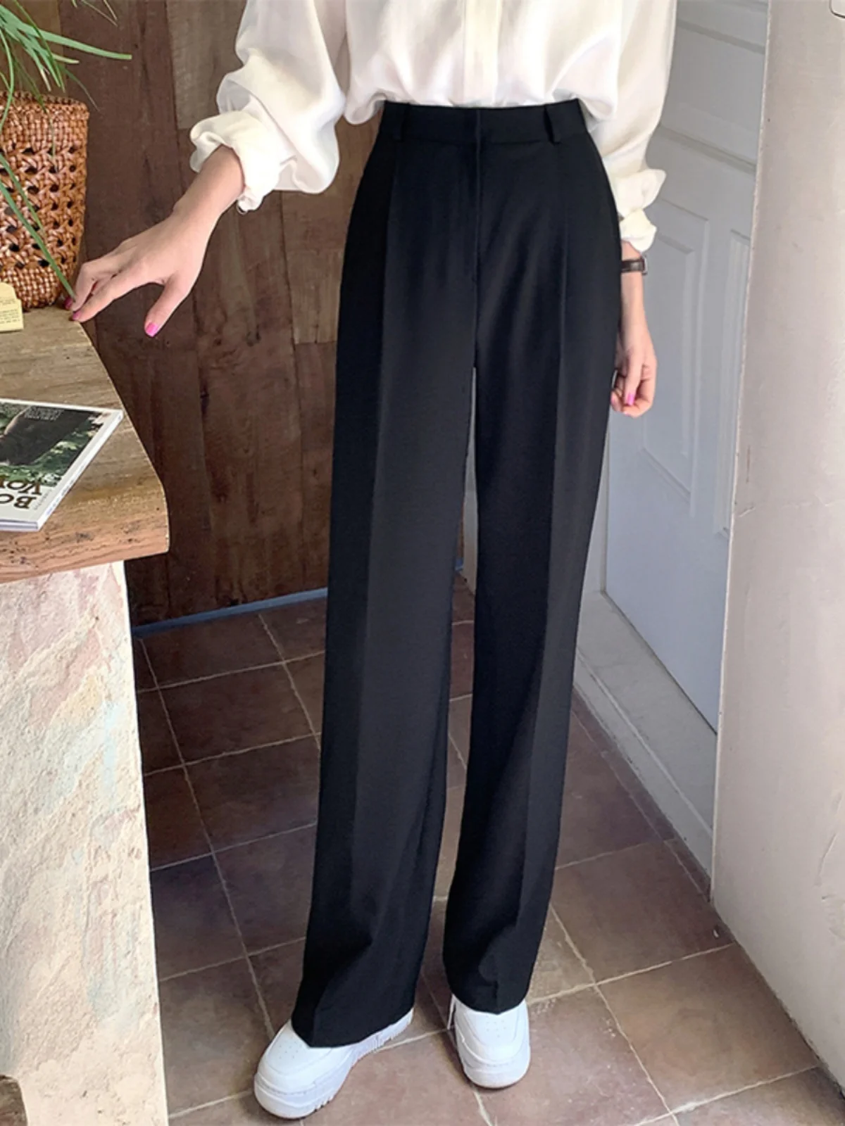 

Женские брюки прямого кроя, узкие, с высокой талией, свободные, струящиеся, для весны и осени, повседневные, костюмные, длинные, маленький размер