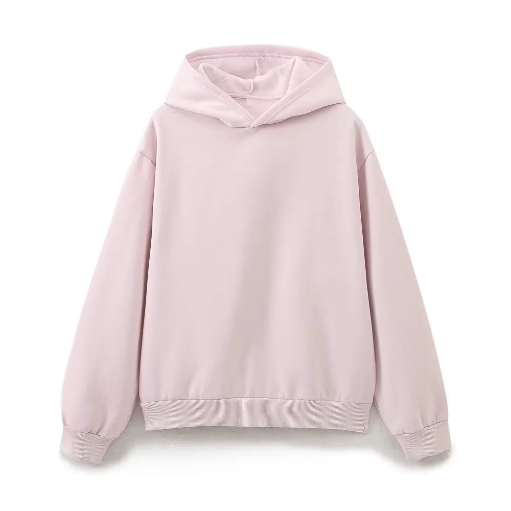 Dave&Di American Retro College Style Solid Color Hooded Pullover Casual Round Neck Sweatshirt Women Tops