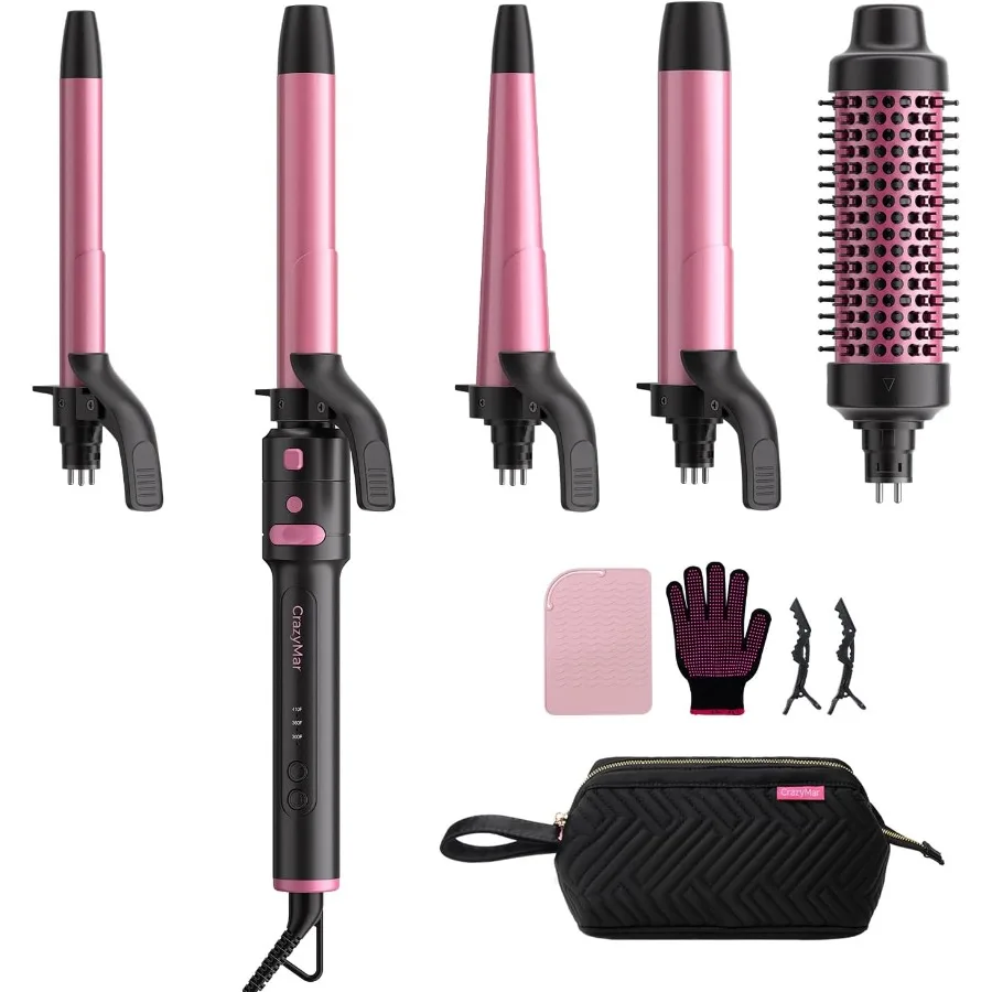 

5 in 1 Automatic Rotating Curling Iron Set with 5 Barrels 3/4 1 1.25 Inch Dual Voltage Curling Wand for Professional Hair Styli