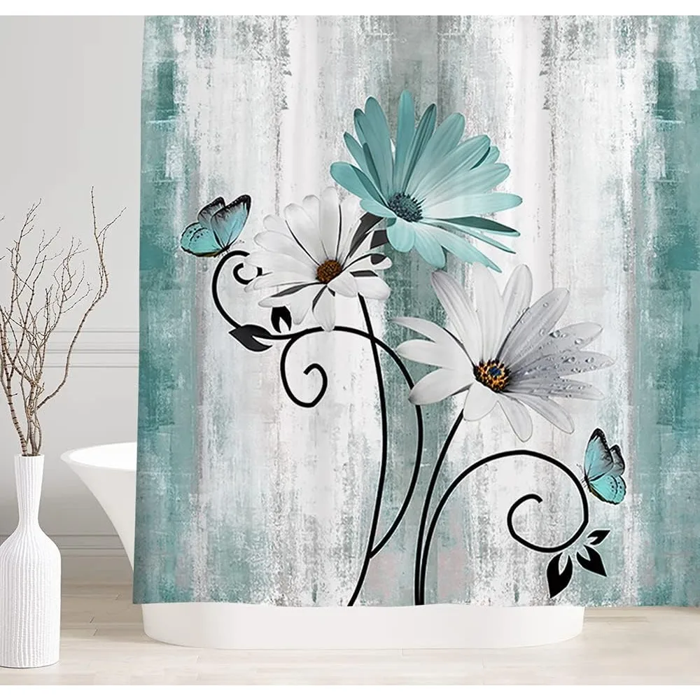 Country farmhouse shower curtain, farm butterfly rustic wooden bathroom shower curtain, turquoise blue with 12 hooks