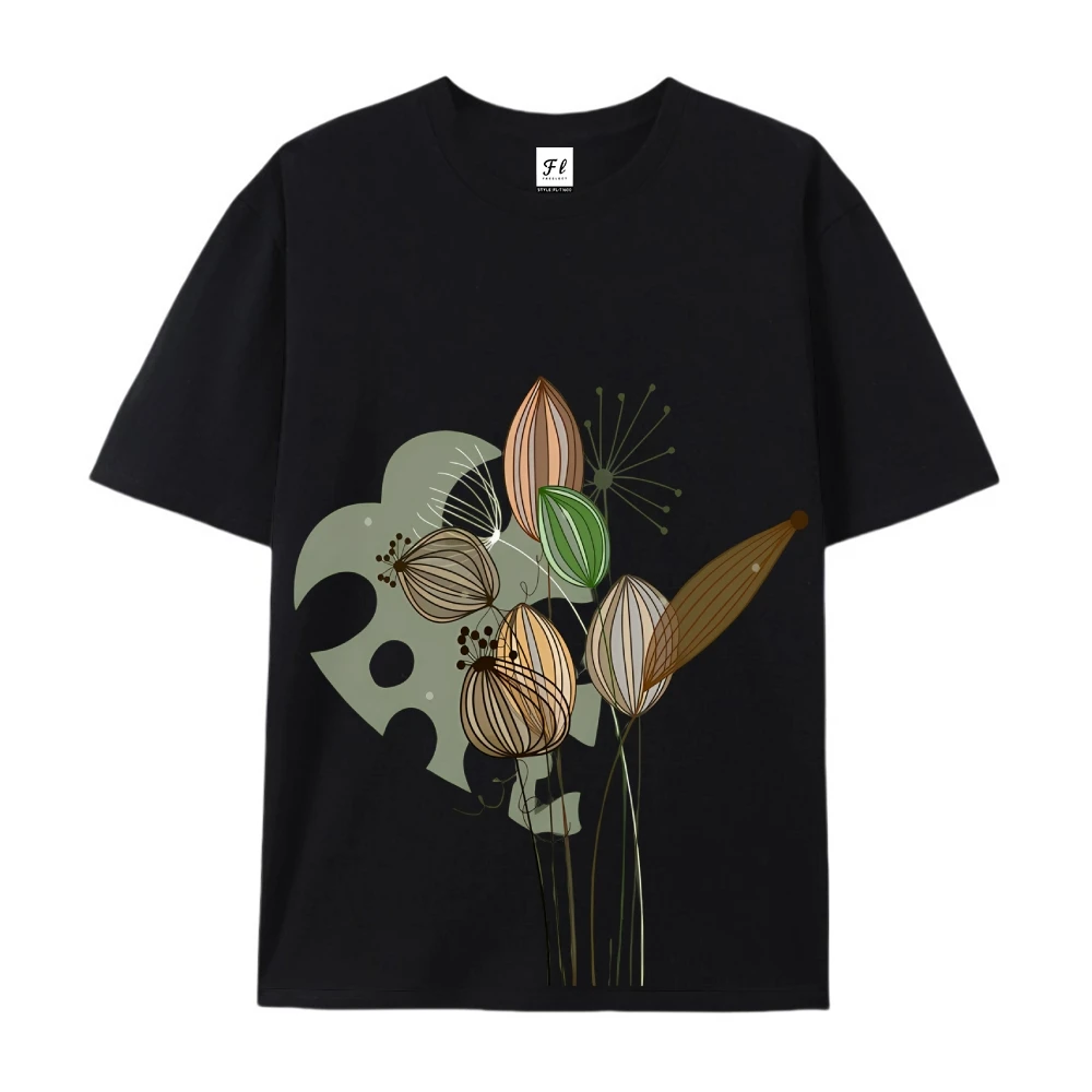 Koszulka z krótkim rękawem z artystycznym botanicznym grafiką kwiatów i liści Modna koszulka z okrągłym dekoltem Casual Comfort Fit do codziennego noszenia