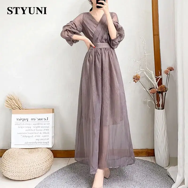 Mesh Transparent V-Neck Elegant Chiffon Puff Sleeve Women's Dress Korean Fashion Ankle-Length Dresses For Women 2023 Summer