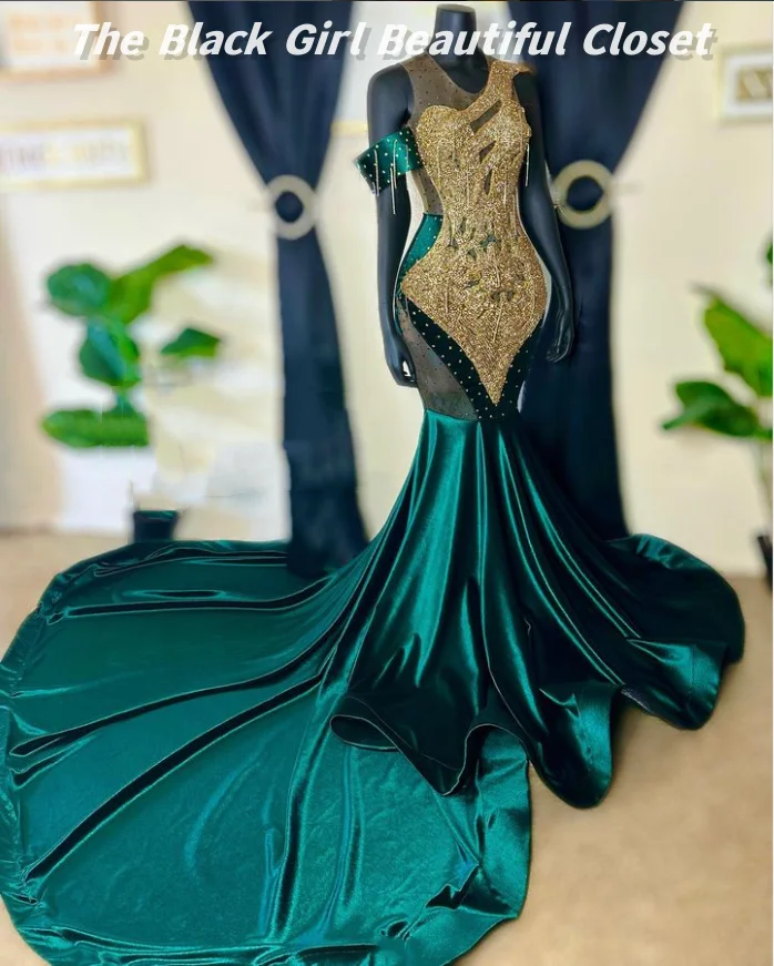 Elegante Donkergroene Avond Zwarte Meisjes Glitter Rose Gouden Kwastjes Pailletten Prom Jurken Kaart Shoulder Sexy Fishtail Ruffle Jurken