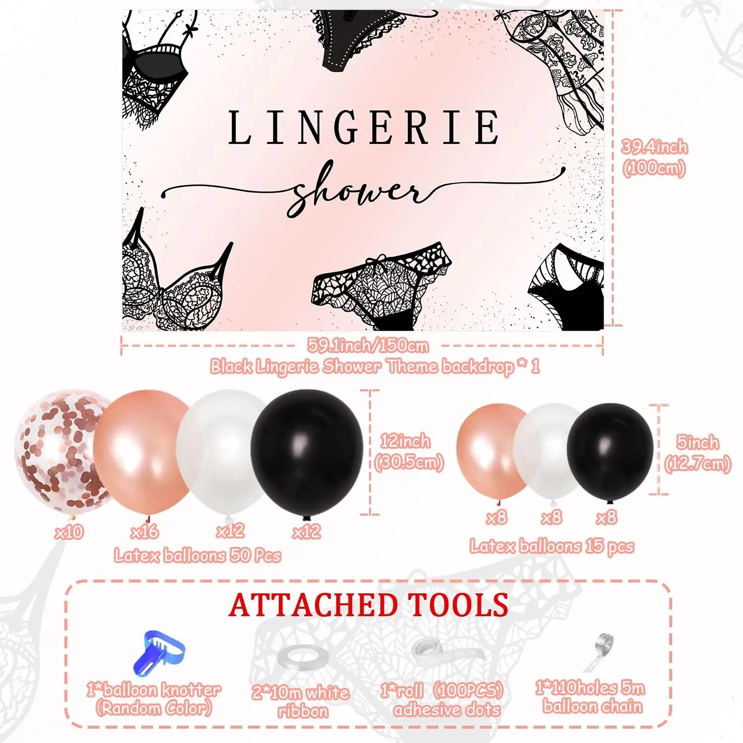 Fangleland Lingerie Shower Bachelorette Decors Rose Gold Black Backdrop Balloon Garland Arch Kit Women Bridal Shower Supplies