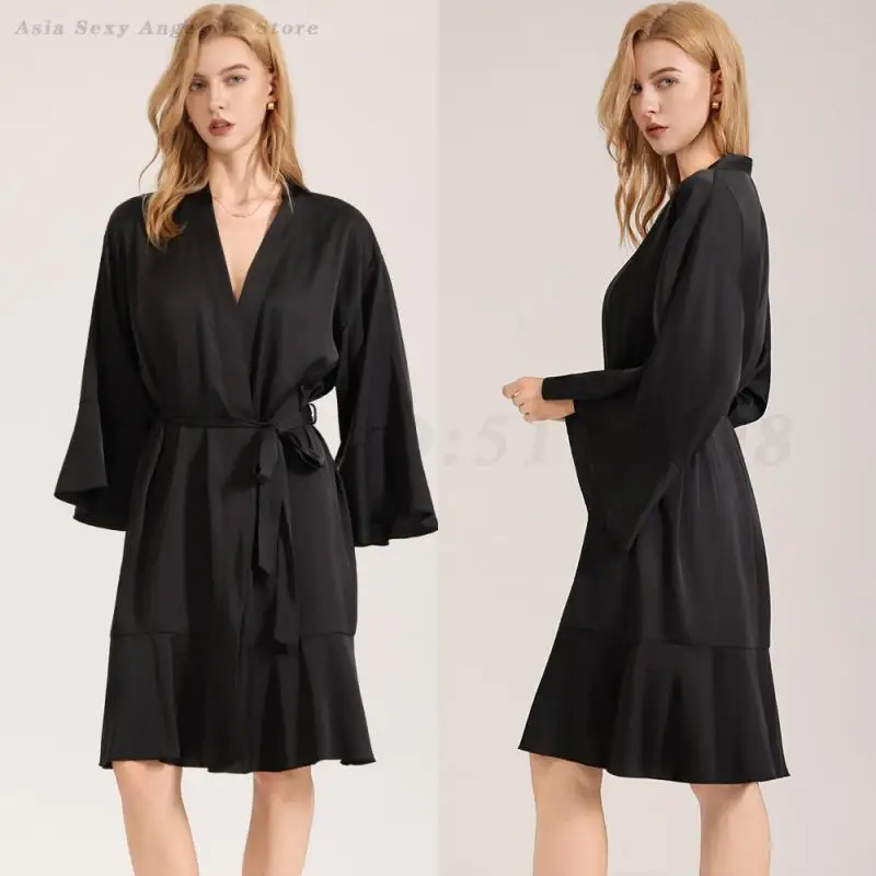 Female Satin Robe Black Home Dressing Gown Loose Casual Bathrobe Kimono Gown Summer Lotus Leaf Edge Nightgown Sexy Nightwear