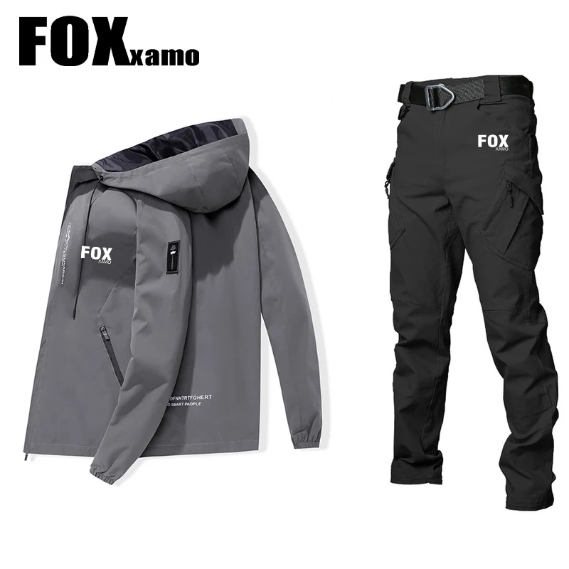 Foxxamo Autumn Men's Outdoor Oversized Sports Hooded Cycling Clothes Fashion Work Top Windbreak Waterproof Hiking Suits