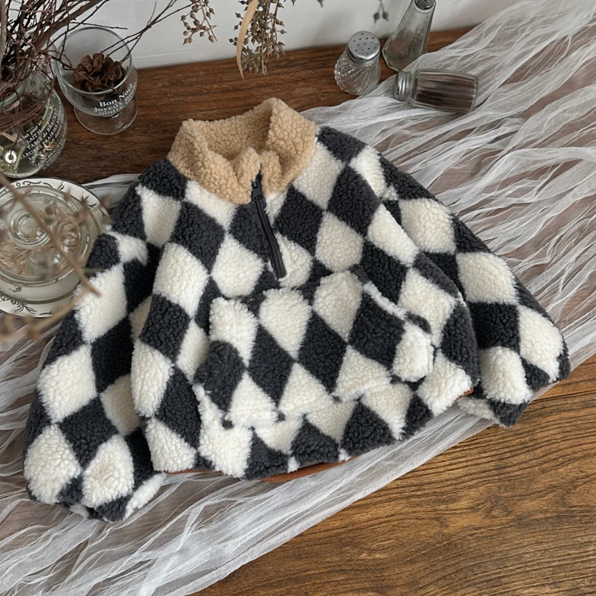 Baby Boys Girls Argyle Checkerboard Sherpa Fleece Top, Half Zipper Stand Collar Warm Lamb Fleece Kids Autumn Winter Coat