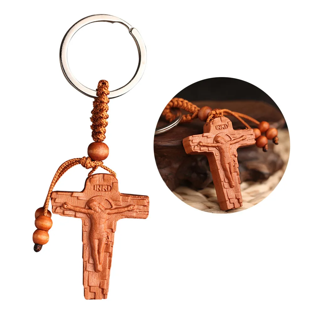 Peach Wood Cross Keychain 20Pcs Handmade Key Rings for Car Keys Bags Backpacks Christmas Gifts
