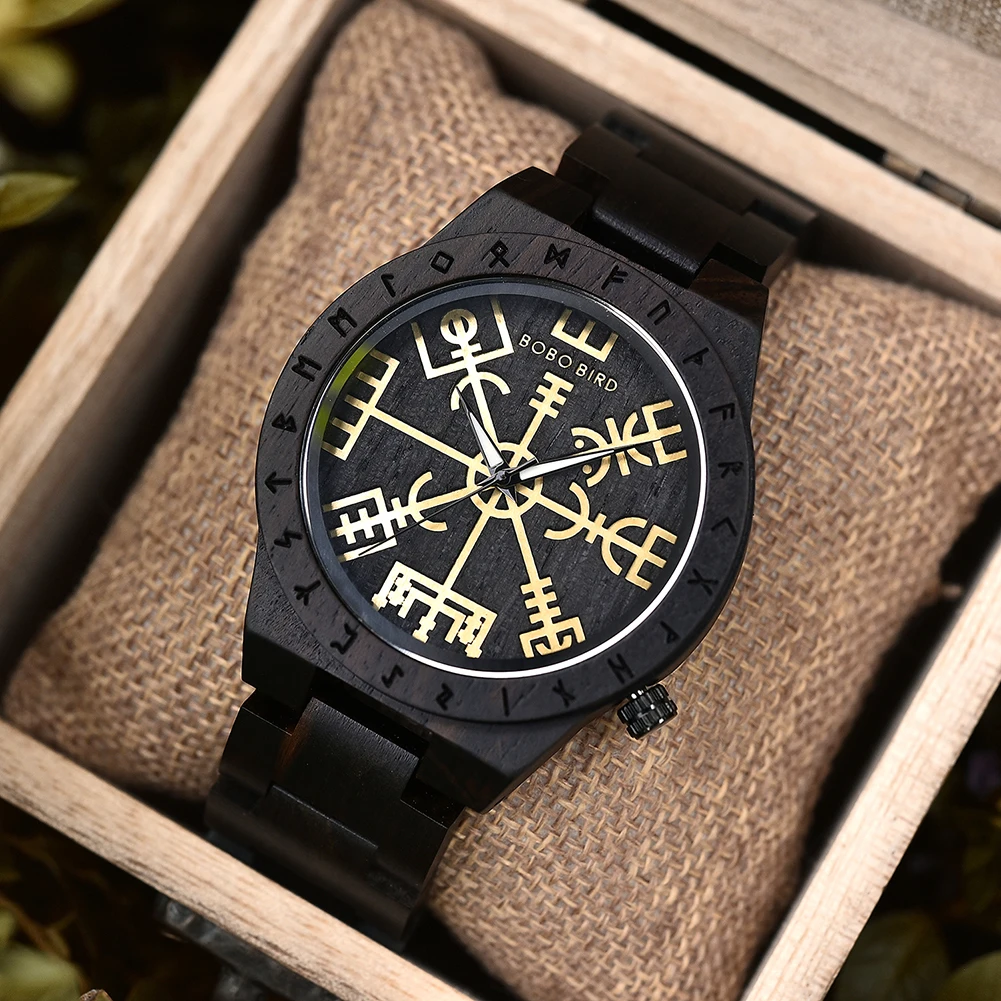 BOBO BIRD Wooden Watches Man\'s Watch Fashion Runic Circle with Golden Helm of Awe Vegvisir Quartz Wristwatch Male Custom Gift