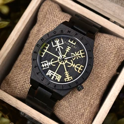 BOBO BIRD Wooden Watches Man's Watch Fashion Runic Circle with Golden Helm of Awe Vegvisir Quartz Wristwatch Male Custom Gift