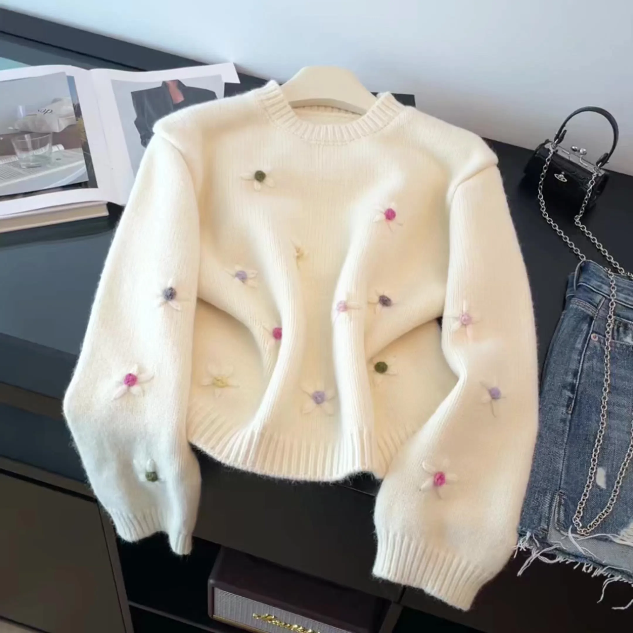 

Women's Apricot Embroidery Pullover Cozy Sweater Vintage Jumper Knit Long Sleeves Cashmere Sweater Spring Autumn 2000s Clothes