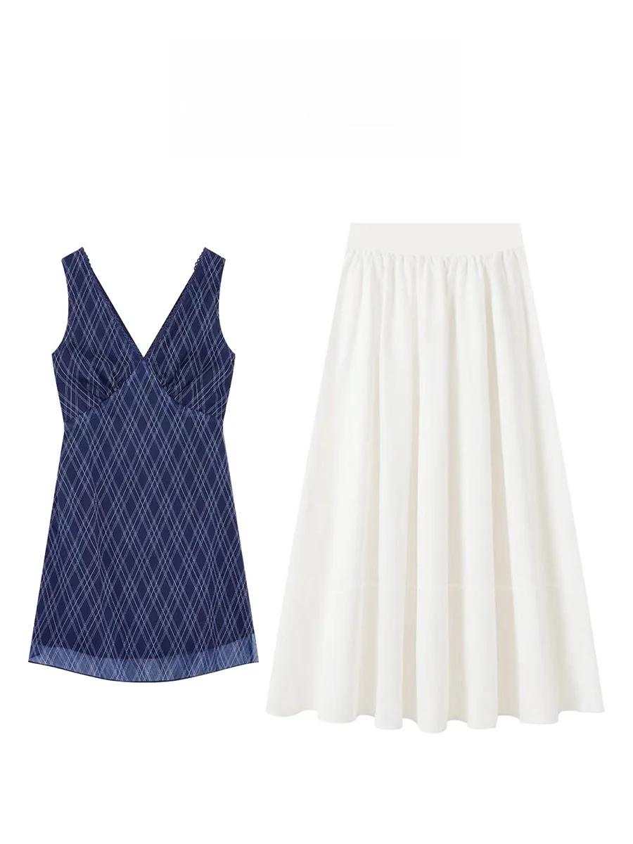 

Parkyeon Korean Style Unique Plaid V-neck Sleeveless High Waist Fashion Luxury Half Skirt Two-piece Set Women's Dress
