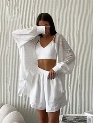 Bornladies Summer Stripe Holiday Women Suits 2 Pieces Elegant Jacquard White Shorts Set Elastic Waist Wide Shorts Casual Outfit