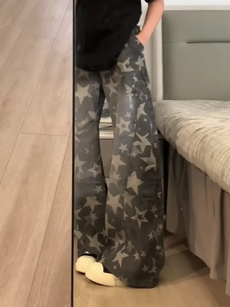 

Retro American Star Print Deconstructed Knife Jeans Women's Loose Slim Wide Leg Floor-Length Pants High Waist Casual Jeans
