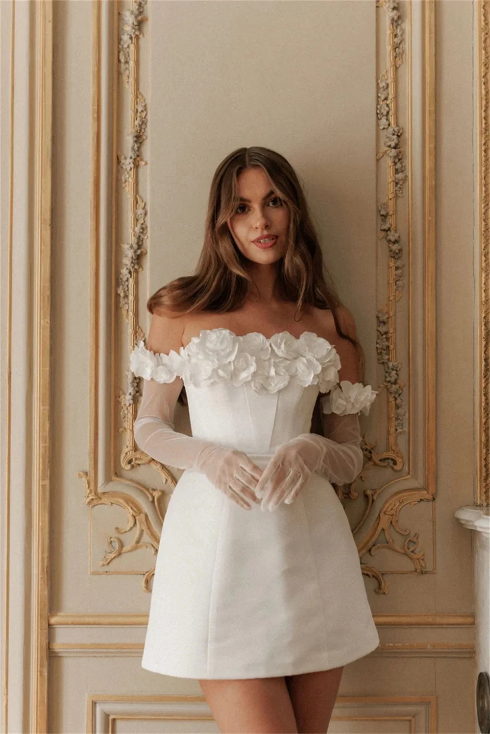 Weißes kurzes Abschlussball-Geburtstagskleid 2026, schulterfrei, 3D-Blumen, Schnürung, Satin, formelle Abendparty-Kleider, Vestidos De Feast