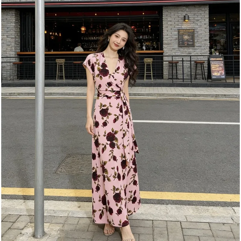 French Rose Pink Wrap Dress Waist Sleeveless Women's Dress Sleeveless Lady Dresses Spring Summer Vacation Robe